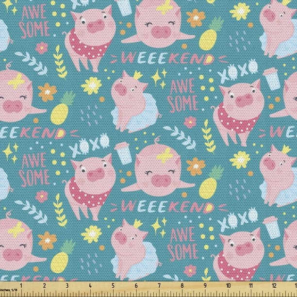 Piglet Fabric By The Yard Continuous Pig Pineapples Flowers Weekend Xoxo Lettering Cartoon Print Decorative Upholstery Fabric For Sofas Home Accents 5 Yards Sea Blue Multicolor By Ambesonne Walmart Com