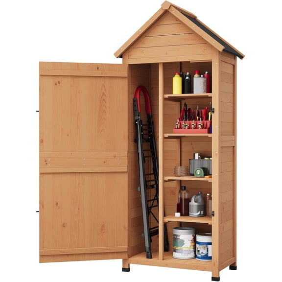 Outdoor Wooden Storage Shed with Lockable Door 63” Vertical Storage Cabinet for Garden Tools Waterproof 4 Shelves Space-Saving Design for Patio and Yard