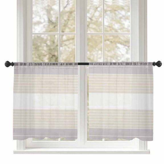 Sheer Curtains 45 inches Long, Gray Beige Stripe Abstract Line Geometric Simple Light Filtering Sheer Window Curtains Rod Pocket Voile Drapes for Bedroom Living Room, 52"W x 45"L 2 Panels