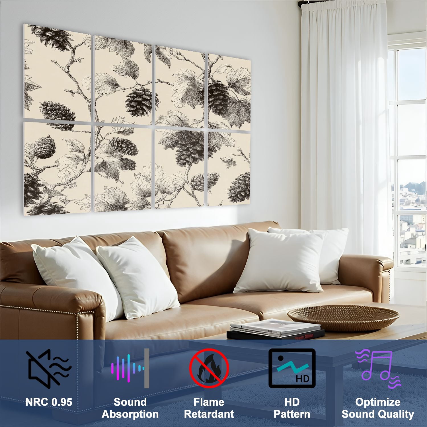 8 Pack Art Acoustic Panels Sound Absorbing Vintage Pine Cone Leaf Black Decorative Soundproof Wall Panels Self Adhesive for Nursery Game Room Bedroom 48"x32"