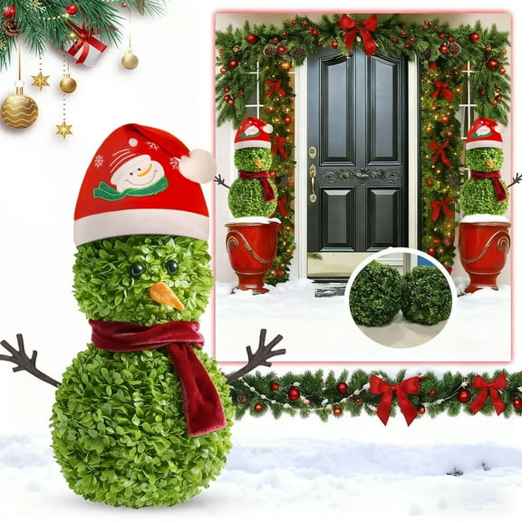 Christmas Snowman Garden Stake Outdoor Decoration – 3D Artificial Snowman with Santa Hat & LED Light, Holiday Yard Lawn Ornament for Christmas Decorations Outdoor