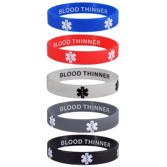 BLOOD THINNER Medical Alert ID Privacy Enhanced Silicone Bracelets Wristbands 5 Pack