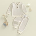thumbnail image 2 of Gubotare Fall Toddler Baby Boy Outfit Polo Long Sleeve Sweatshirt Pullover Top+ Pants Solid Waffle Knit Clothes 2PCS Set Beige,Size 3-4 Years, 2 of 4