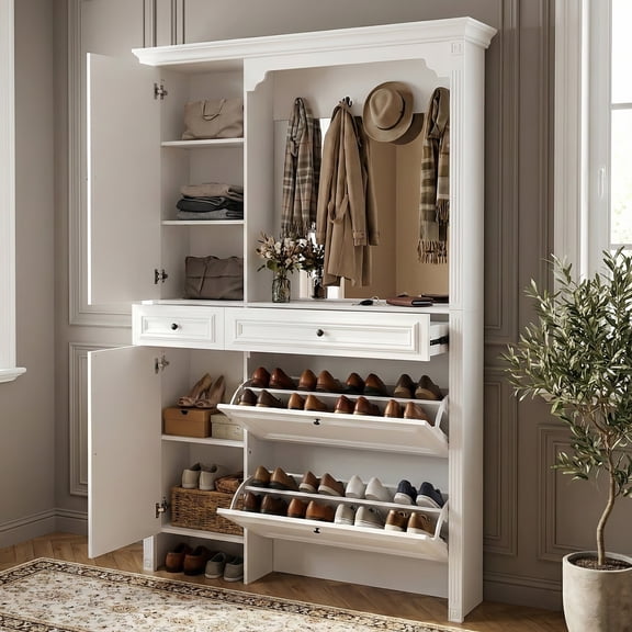 OMCHOM 78.7'' Farmhouse Hall Tree with Shoe Storage, 4-In-1 Coat Rack with Mirrored Cabinet Door & Sock Storage Drawer, 2 Flip Drawers and 4 Hooks for Mudroom Entrance Living Room
