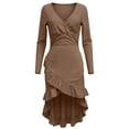 thumbnail image 4 of DHFJKG Casual Long Sleeve Boho Dresses For Women Ruffle Irregular Hem Slim Fit Deep V Neck Flowy High-Low Dress Cozy Dresses, 4 of 5