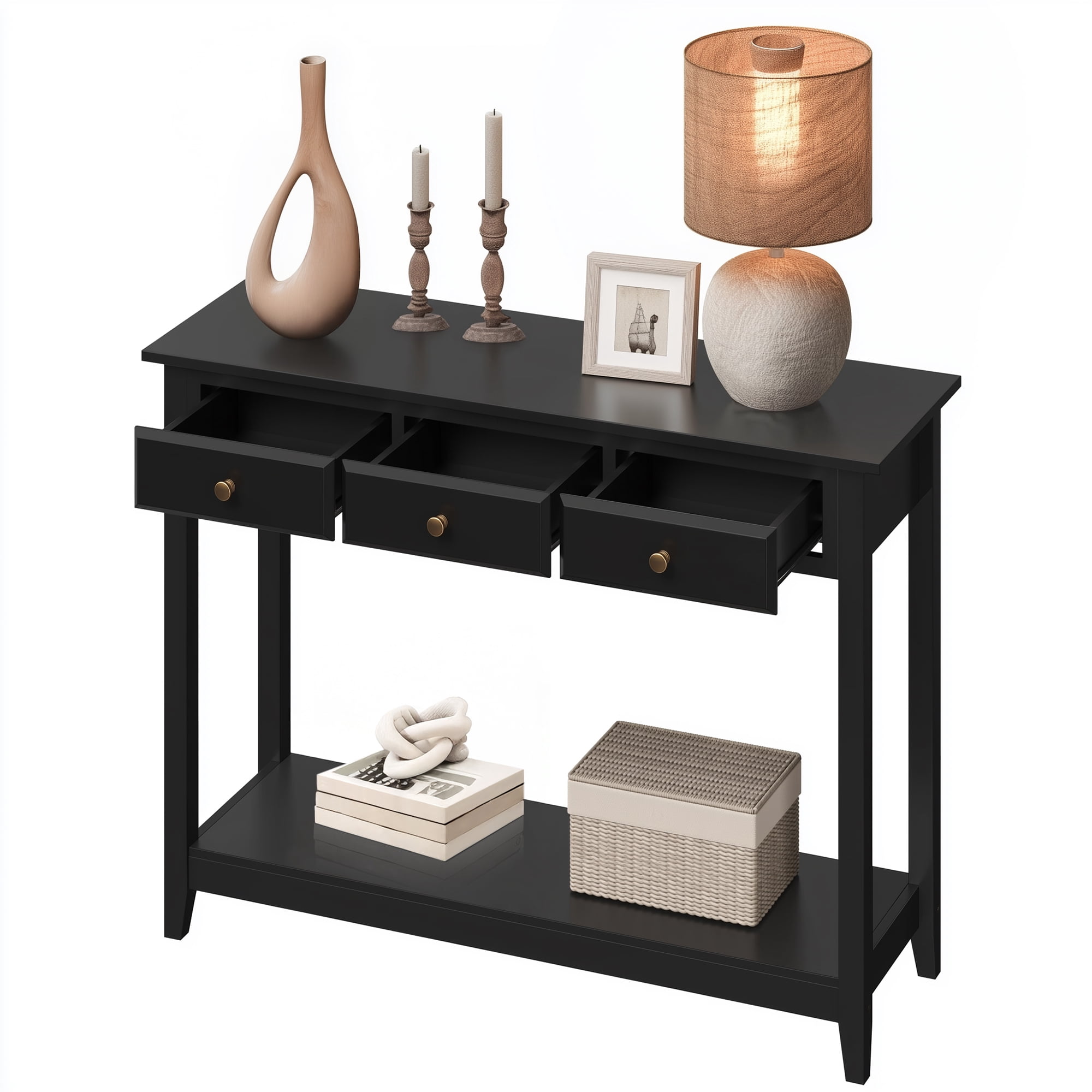 Alden Design 3-Drawer Wooden Console Table with Storage Shelf for Entryway, Black