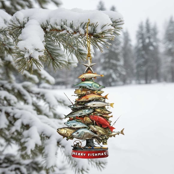 YYV Gifts Holiday Fishing Ornament Happy Fishing Christmas Tree Ornament Angler Themed Fish Hook And Lure Hanging Decoration For Tree Cabin Lodge Holiday Gift Fishing Decor