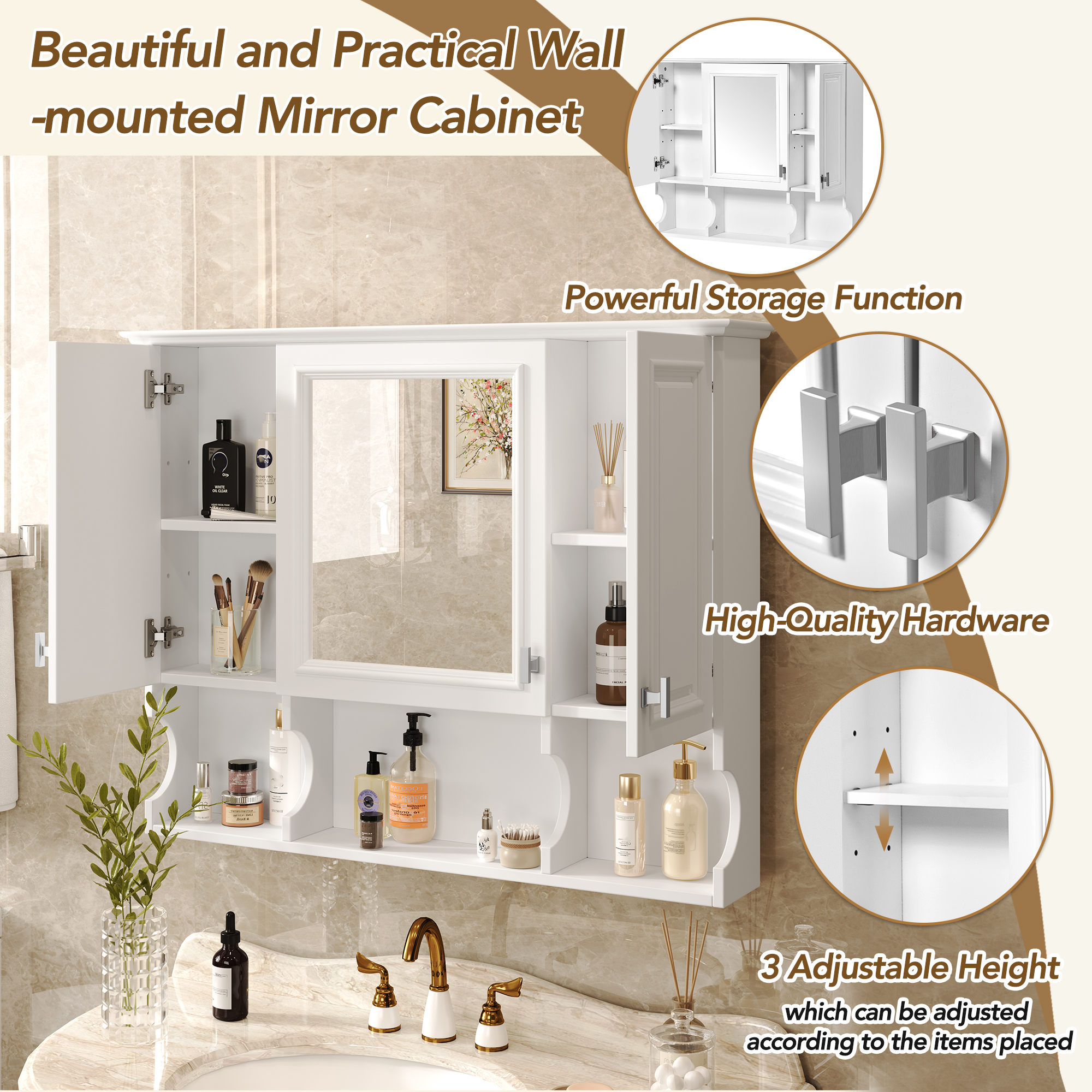 Euroco Wall-Mounted Bathroom Medicine Cabinet with Mirror, Adjustable Shelves, Waterproof MDF, Space-Saving Storage for Bathroom, Bedroom or Living Room, 35"x28.7"