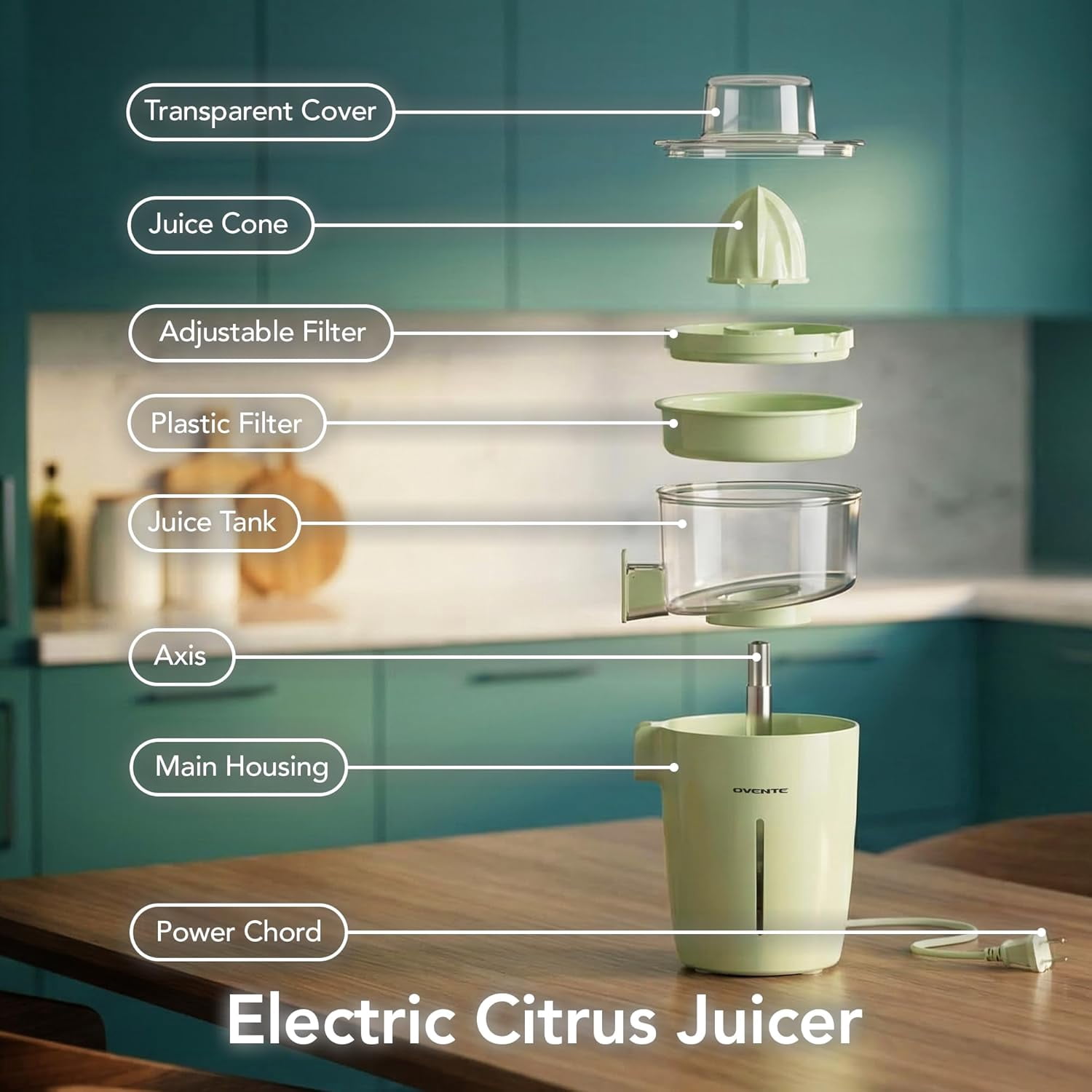 OVENTE Electric Citrus Juicer Machine, 40 Watts, 17 oz, Green JE44G | With Self-Reversing Cones, Pulp Control, and Easy Pour Spout, Juice Squeezer for Orange, Lemon, Lime, or Grapefruit