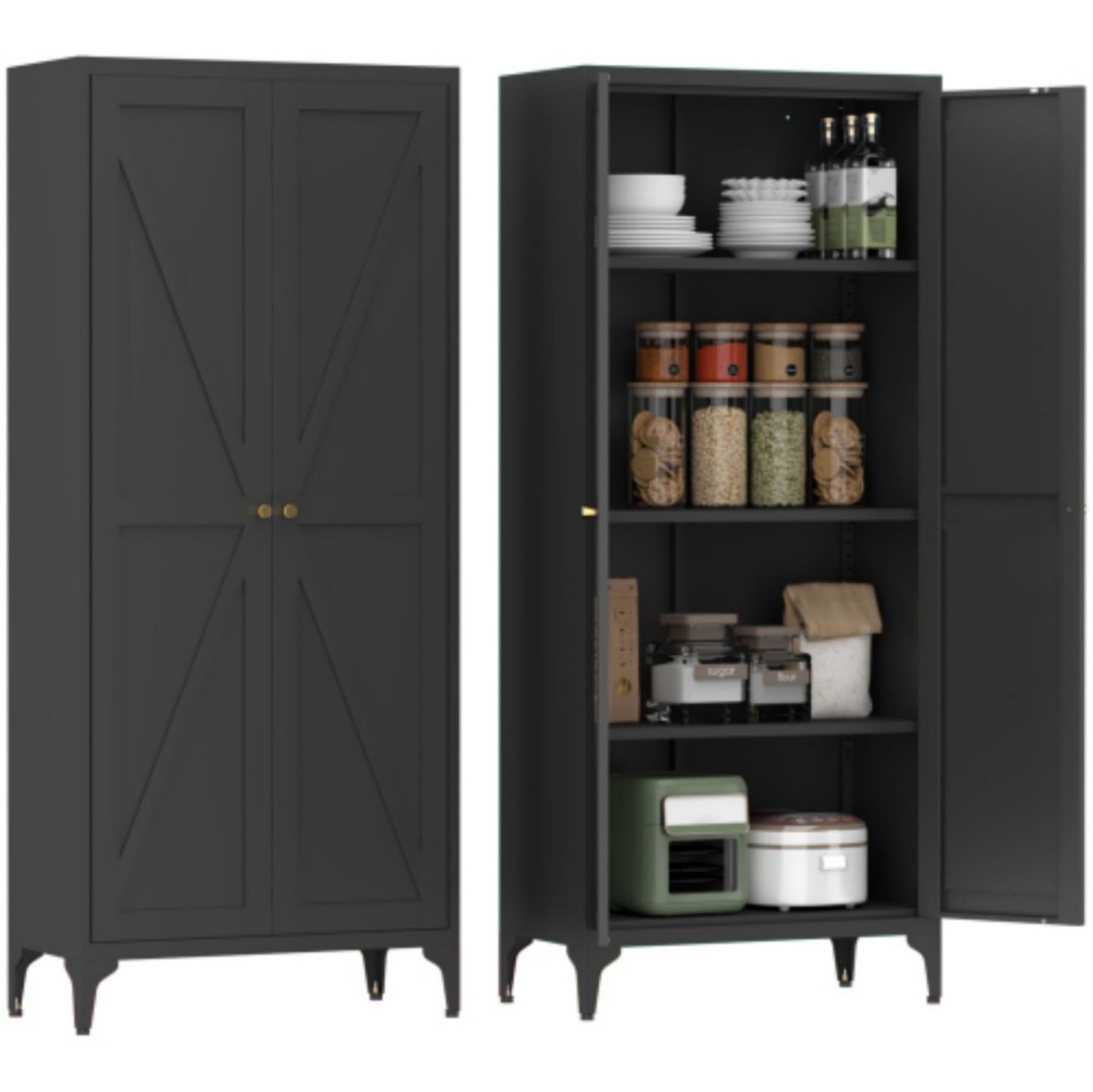 65" H Metal Storage Cabinet, 2-Door Steel Pantry Cabinet with Adjustable Shelves, Freestanding Kitchen Storage Cabinet for Living Room, Bedroom, Office, Black