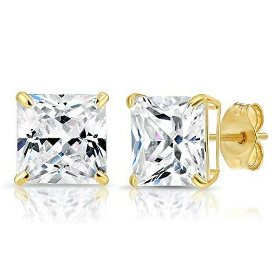 Tilo Jewelry 14k Yellow Gold Princess Cut Square CZ Stud Post Earrings with Secure Push-Backs (8MM) - Women, Men, Unisex