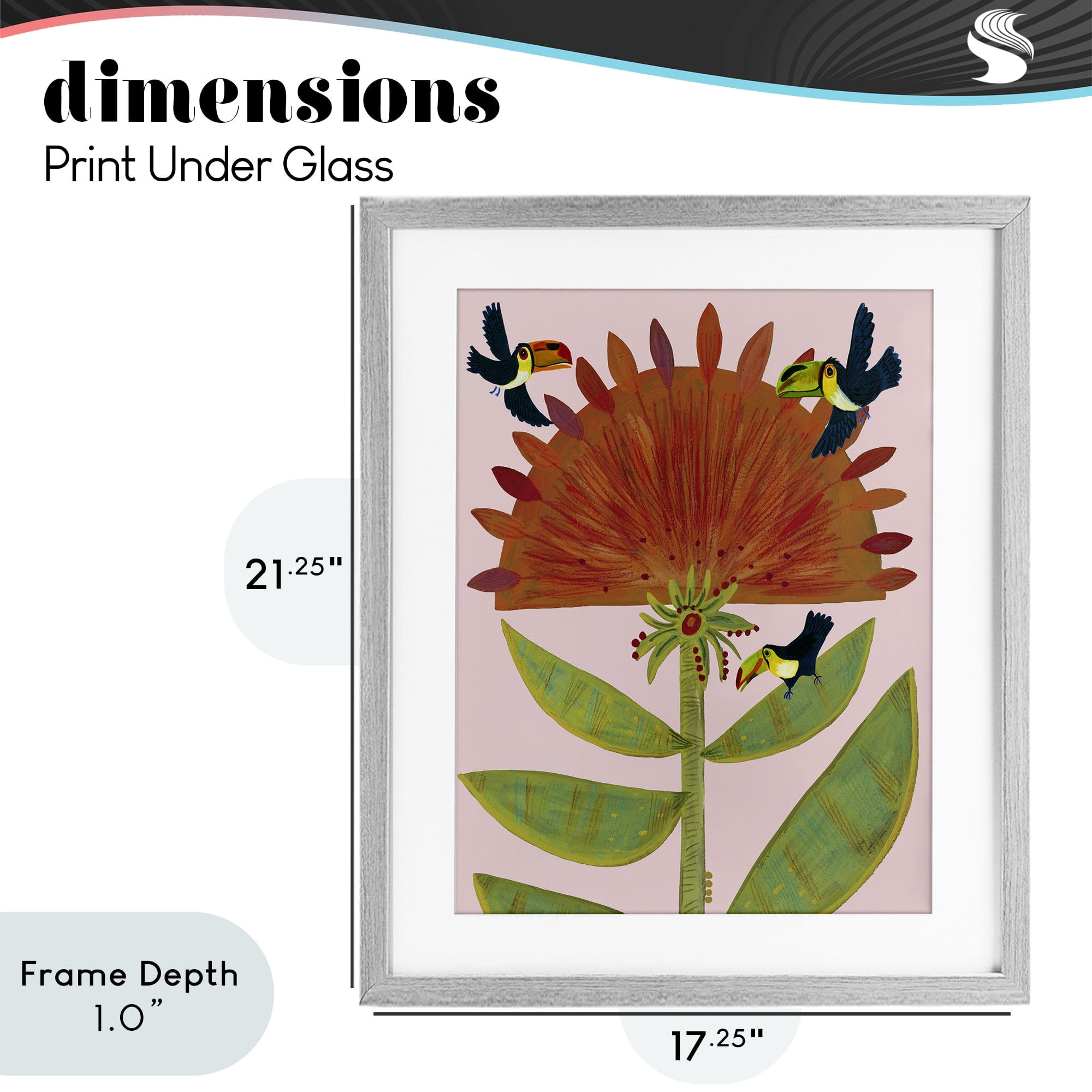 Stupell Industries Tropical Plant & Toucans Gray Framed Print Under Glass, design by Kay Widdowson