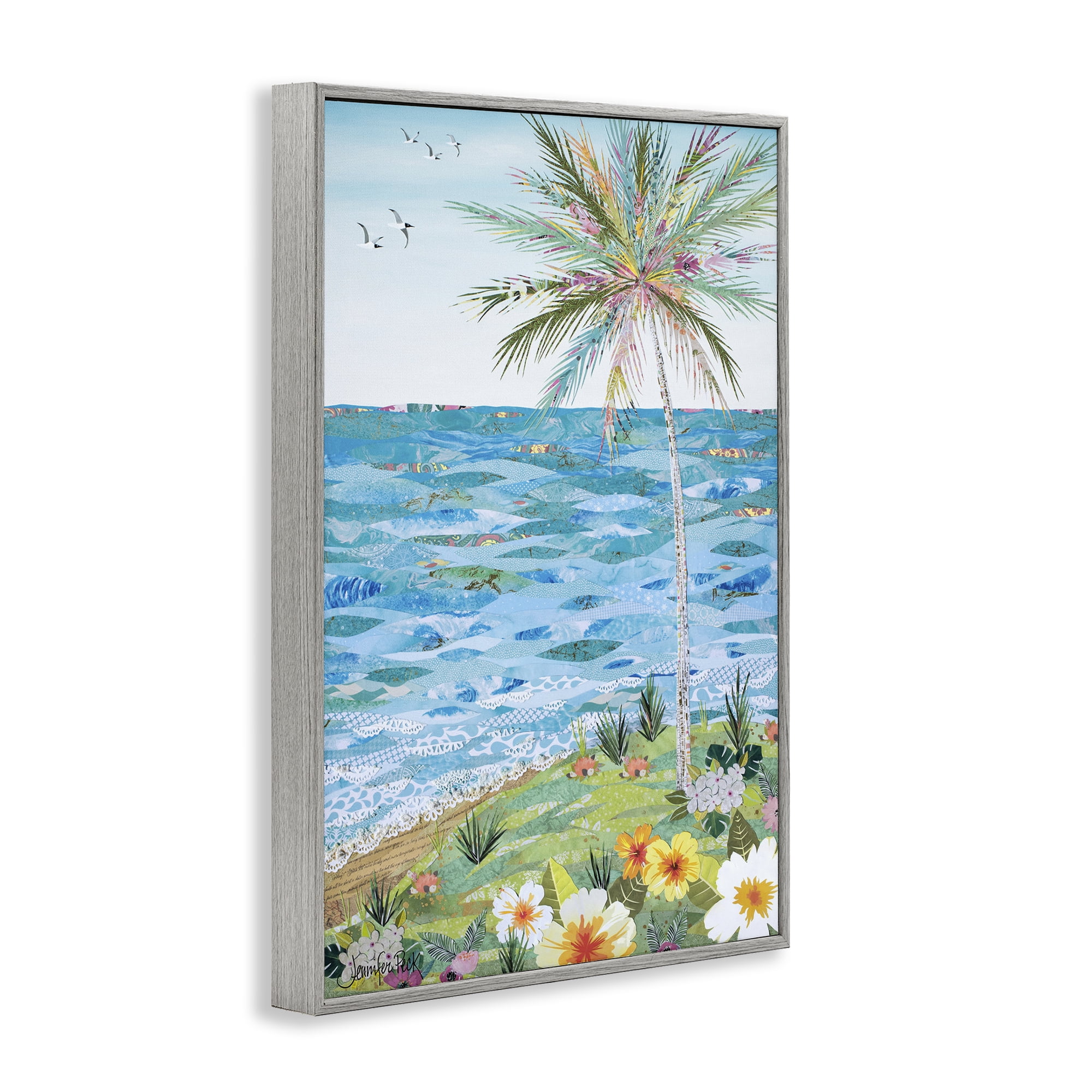 Stupell Industries Collaged Tropical Landscape Landscape Painting Gray Framed Art Print Wall Art, 12 x 18