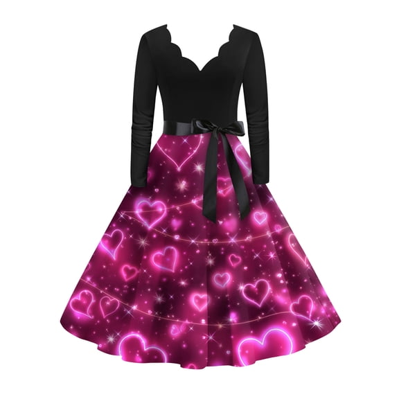 Valentines Day Dress Women V-Neck Long Sleeve A-Line Tie Bow Love Heart Printed Dresses Vintage Cosplay Party Dress Pink 2XL