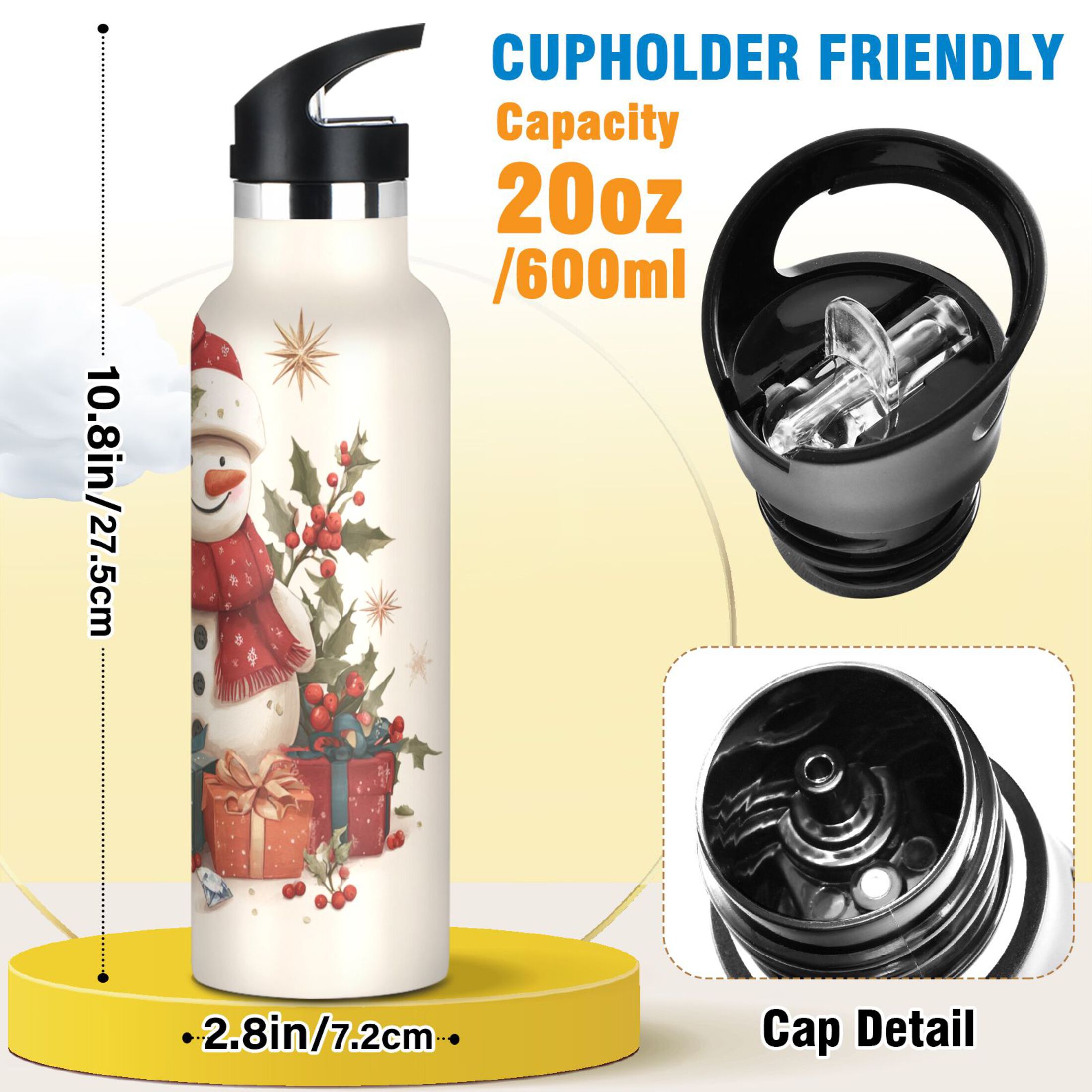 600ML Stainless Steel Insulated Cup Sports Water Bottle Portable Thermos Cup Water Glasses Insulated Tumblers Convenient and Durable Warm Christmas Snowman Beautiful
