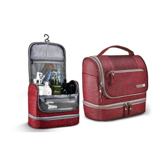 Waterproof Hanging Travel Toiletry and Cosmetic Bag Large Makeup Organizer Portable Case for Men and Women with Sturdy Hook (Red)