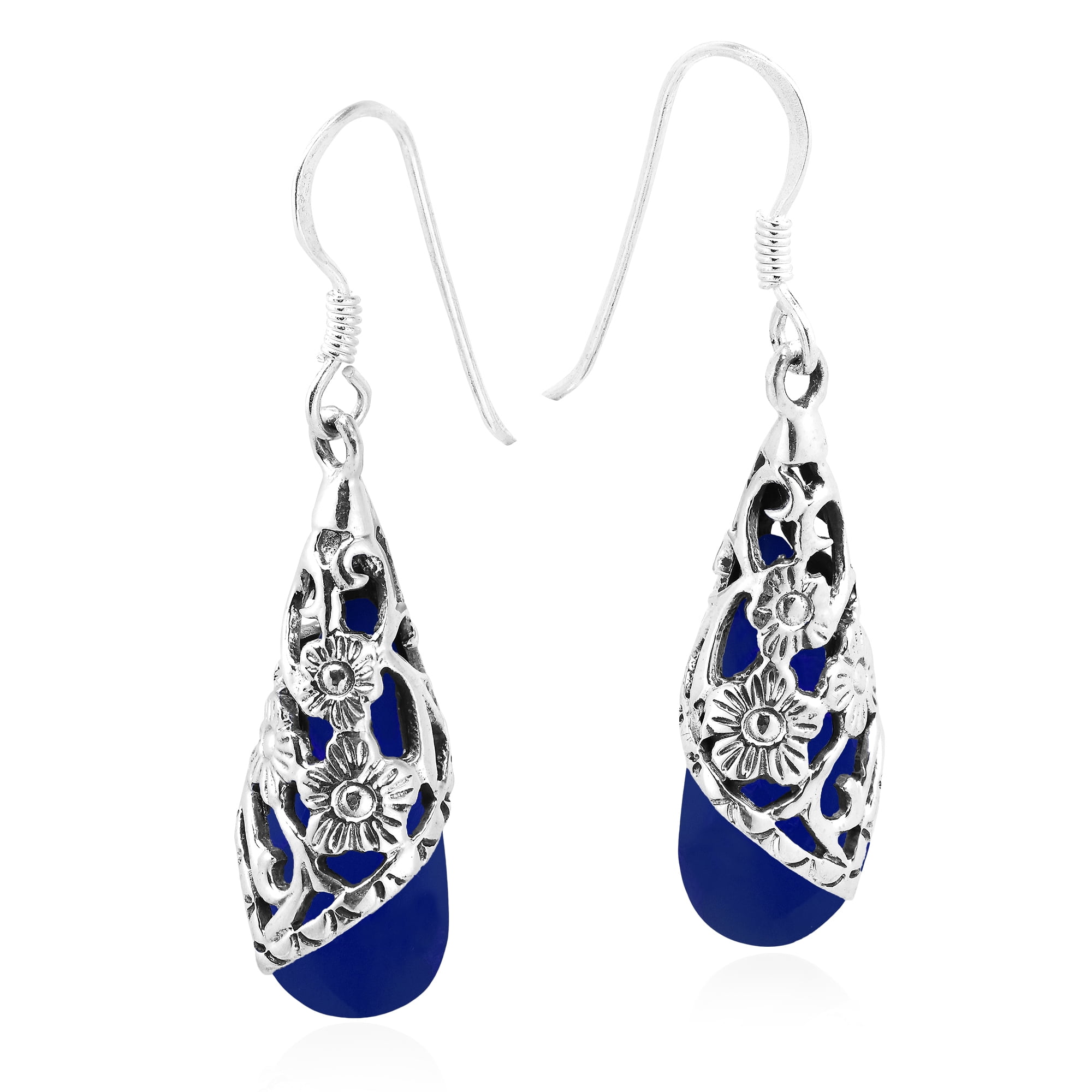 AeraVida Enchanted Floral Vine Blue Lapis Teardrop Sterling Silver Fish Hook Dangle Earrings Elegant and Vintage Inspired Evening Wear Jewelry Gifts for Women