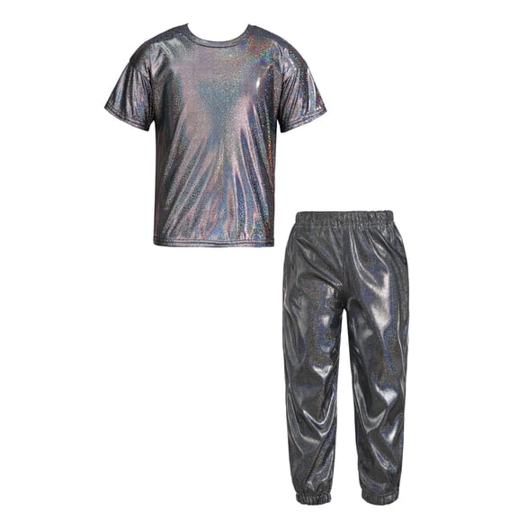 Sinleey Kids Hip Hop Outfits for Girls Boys Shiny Metallic Dance Tops and Sparkly Pants Trousers Set Black 180