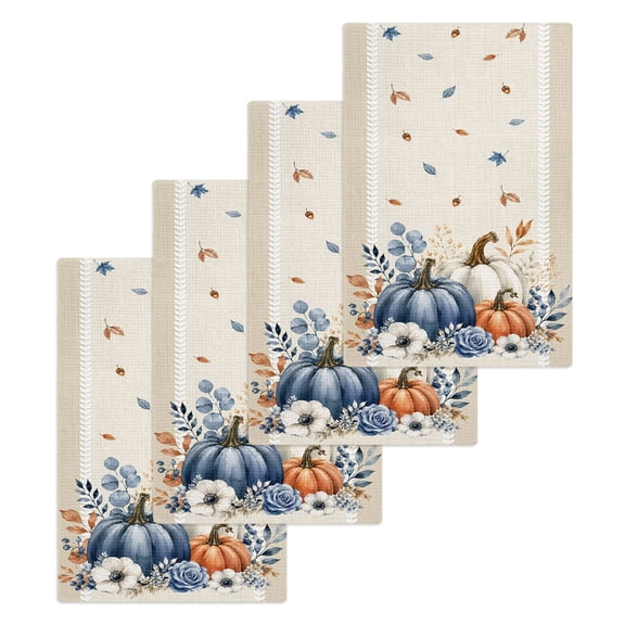 Blue White Pumpkins Fall Kitchen Dish Towels for Drying Dishes Set of 4, Thanksgiving Eucalyptus Rustic Waffle Weave Microfiber Hand Tea Bathroom Towels Quick Dry & Absorbent Towel 15.7x23.6
