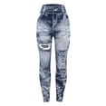 thumbnail image 2 of Women High Waist Imitation Distressed Denim Jeans Leggings Slim Elastic Yoga Pencil Pants Tigth Pants Dark Grey/Red/Blue, 2 of 7