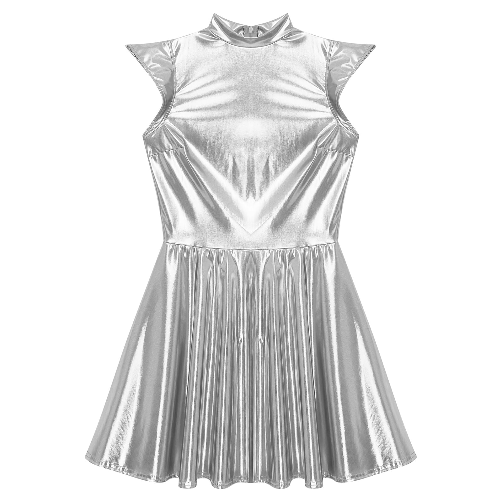TiaoBug Women's Metallic Sleeveless Club Disco Holographic Dress Wet Look Pleated Dresses Silver M