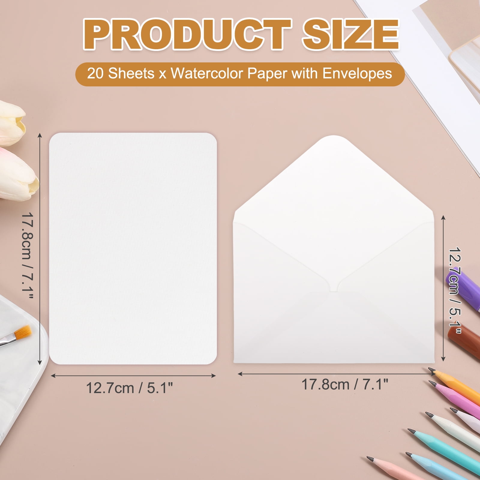Uxcell 20 Set Watercolor Paper with Envelopes 7 x 5 Inch 140lb/300gsm Artist Painting Drawing Paper Cold Press Water Color Sheet with Blue Box for Sketchbook Journal (Round Corner)