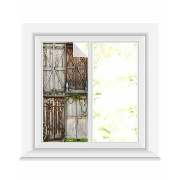 Window Privacy Film Brown Wooden Door Stained Glass Window Film Decorative Sun Block Window Cover Vintage Farmhouse Wood Idyllic Window Clings Static Adhesive Sticker for Bathroom 17.7"x39.3"
