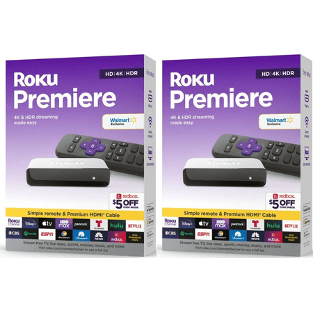 Roku Premiere | 4K/HDR Streaming Media Player Wi-Fi® Enabled with Premium High Speed HDMI® Cable and Standard Remote PACK OF 2