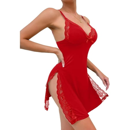 Sexy Split Side Floral Lace V-Neck Full Slip Nightgown Babydoll Lingerie Dress One Piece