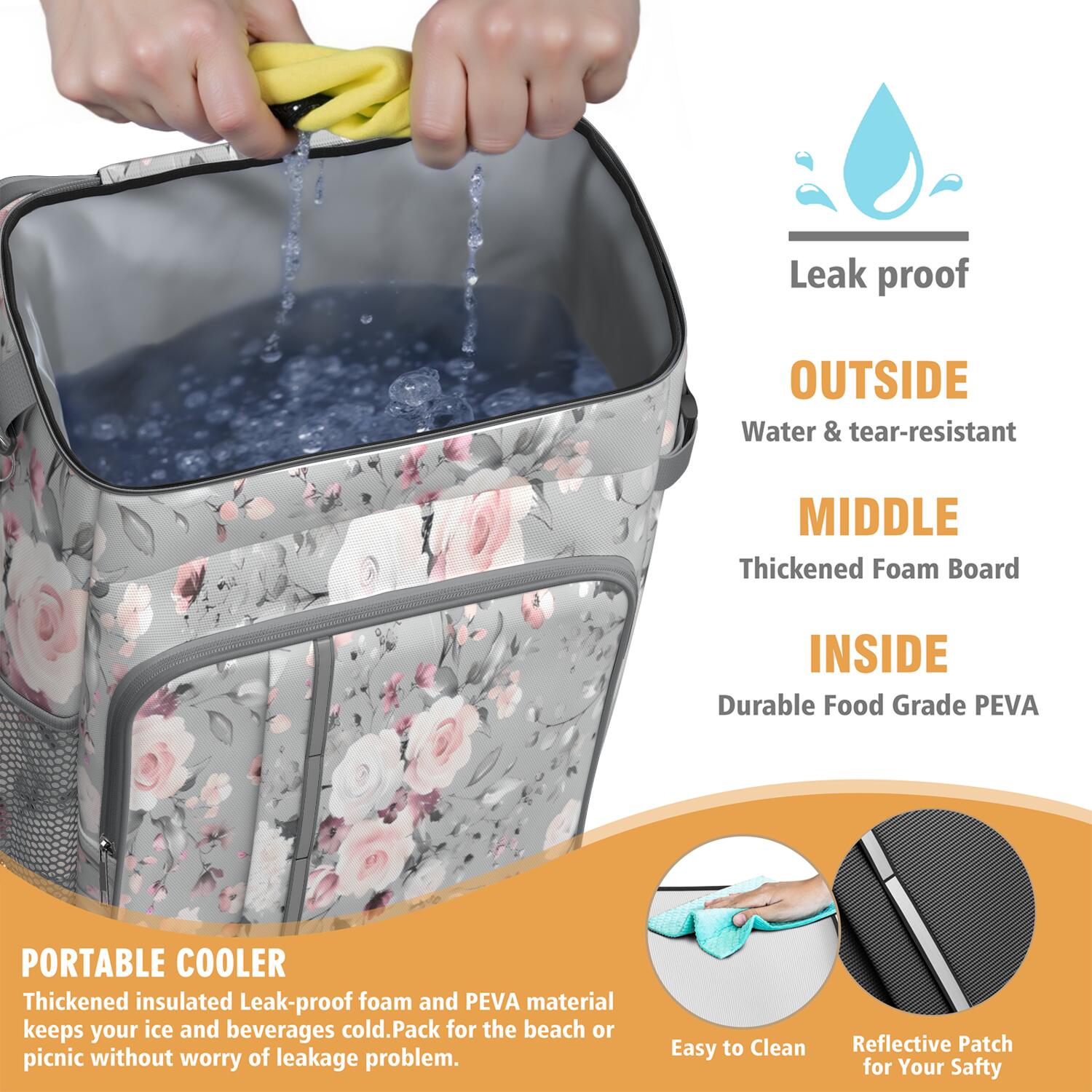 Travel Cooler Bag - Pioneer Flower Floral Print Pattern Camping Beer Cooler Backpack with Bottle Opener- Waterproof Insulated Picnic Backpacks - Cooler Bag for Beach