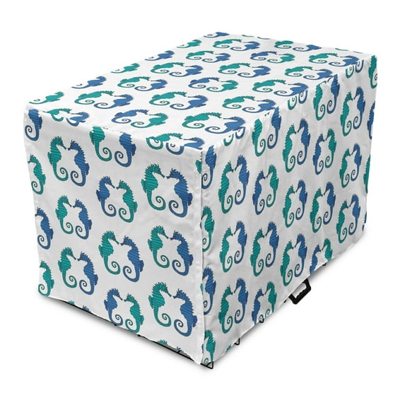 Seahorse Dog Crate Cover, Ornate Drawings of Nautical Creatures Swirling Tails, Easy to Use Pet Kennel Cover Small Dogs Puppies Kittens, 7 Sizes, Sea Blue Dark Violet, by Ambesonne