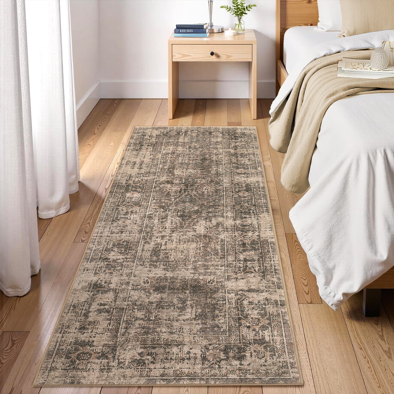 FairOnly Red Brown Oriental Distressed 2'x6' Runner Rugs Vintge Non Slip Low Pile Carpet for Hallway Bathroom Kitchen Bedroom