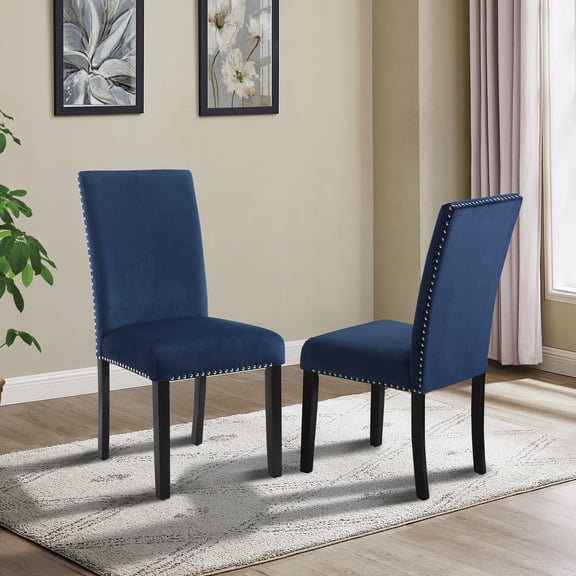 Blue Velvet Dining Chairs (2), Contemporary Style With Padding, Nailhead Ornamentation, Dark Wood Legs For An Elegant Chair Upholstery, Trim, A Seat