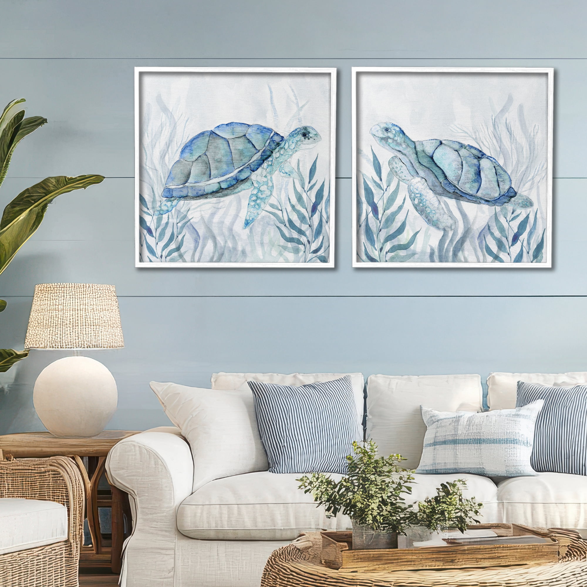 Stupell Industries Subtle Smiling Sea Turtles 2 Piece White Framed Giclee Art Set, design by Janet Tava