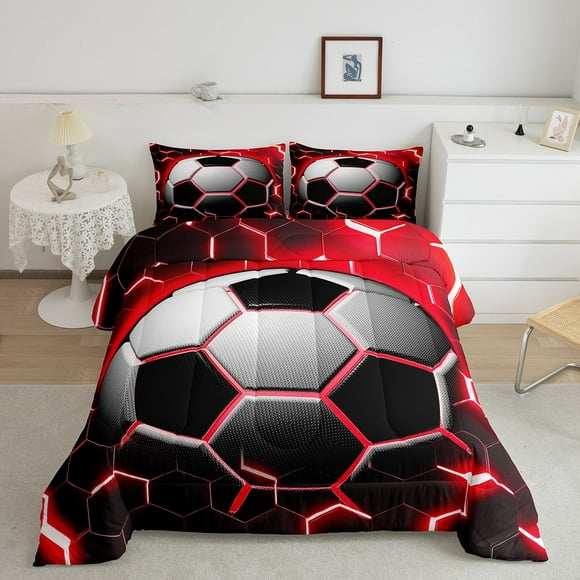 YST Football Bedding Comforter Sets for Boys Soccer Bedding Sets Full,Red Neon Light Decor Duvet Insert Modern Style Glowing Honeycomb Quilted Comforter 3Pcs,Sports Themed Bedroom Decor