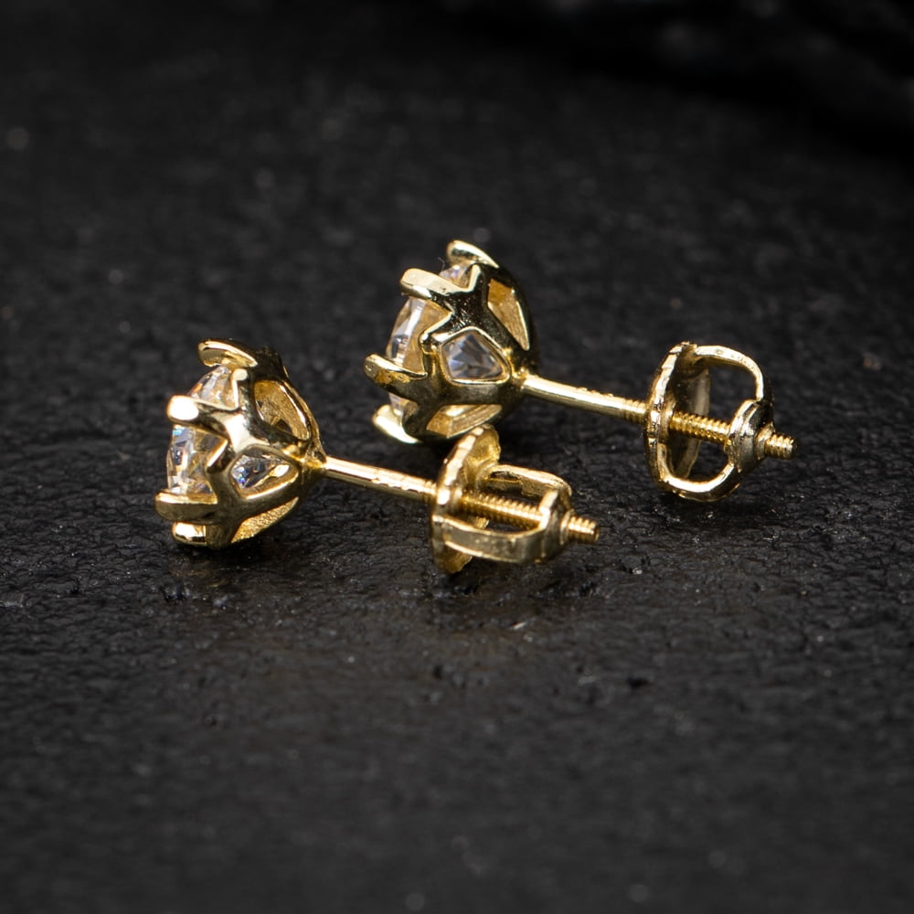Classic Round Cut Halo Men Women Yellow Gold Plated 925 Sterling Silver Brilliant Iced Cz Solitaire Stud Earrings Screw Back Stud Circle Earrings 8 Millimeters Unisex Small Earring Studs