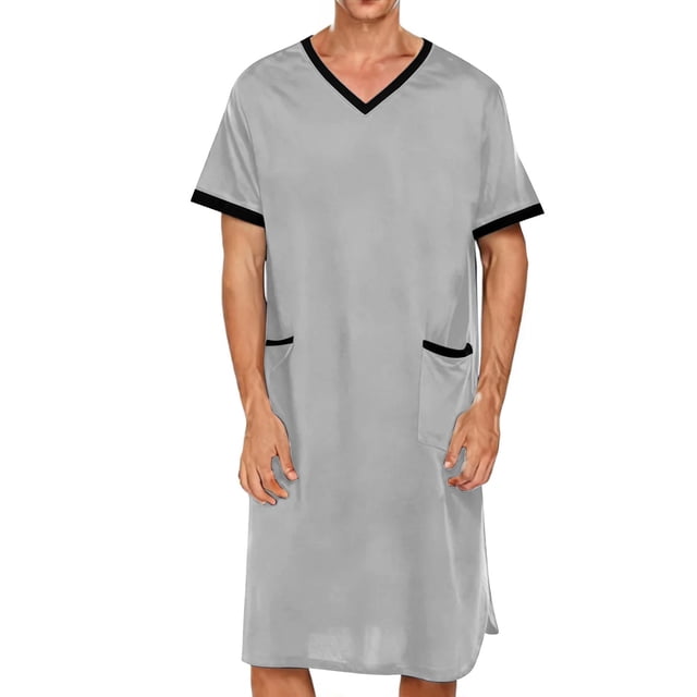 Daiosportswear Men'S Short-Sleeved V-Neck Extra-Long Pajama Robe with Loose-Fitting Pockets, Featuring Two Bottom Pockets. Gray-B M(M)