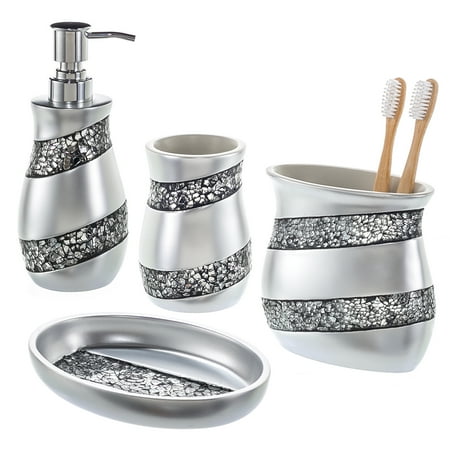 Silver Mosaic Bathroom Accessories Set, 4Piece Luxury Bathroom Gift Set, Includes Soap Silver Mosaic Bathroom Accessories Set, 4Piece Luxury Bathroom Gift Set, Includes Soap