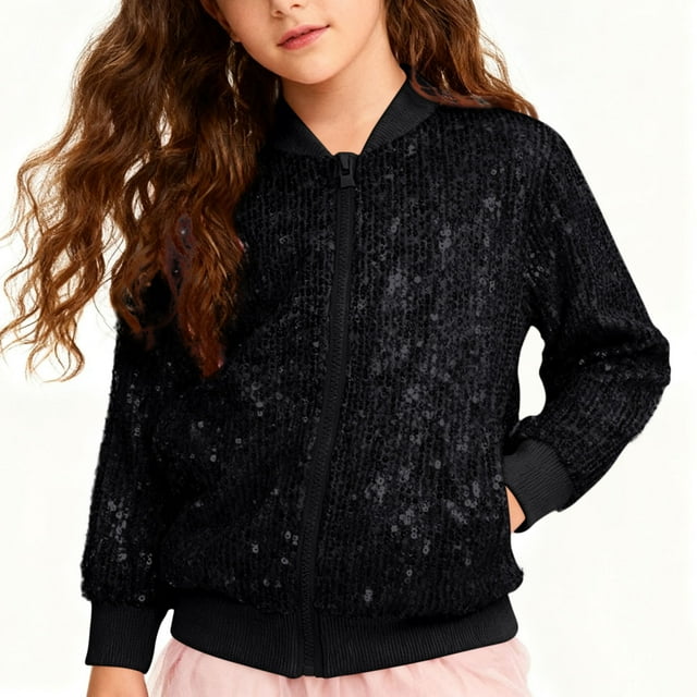 TaTaai Womens Long Sleeve Sequin Open Front Zipper Jacket with Ribbed Cuffs Gift
