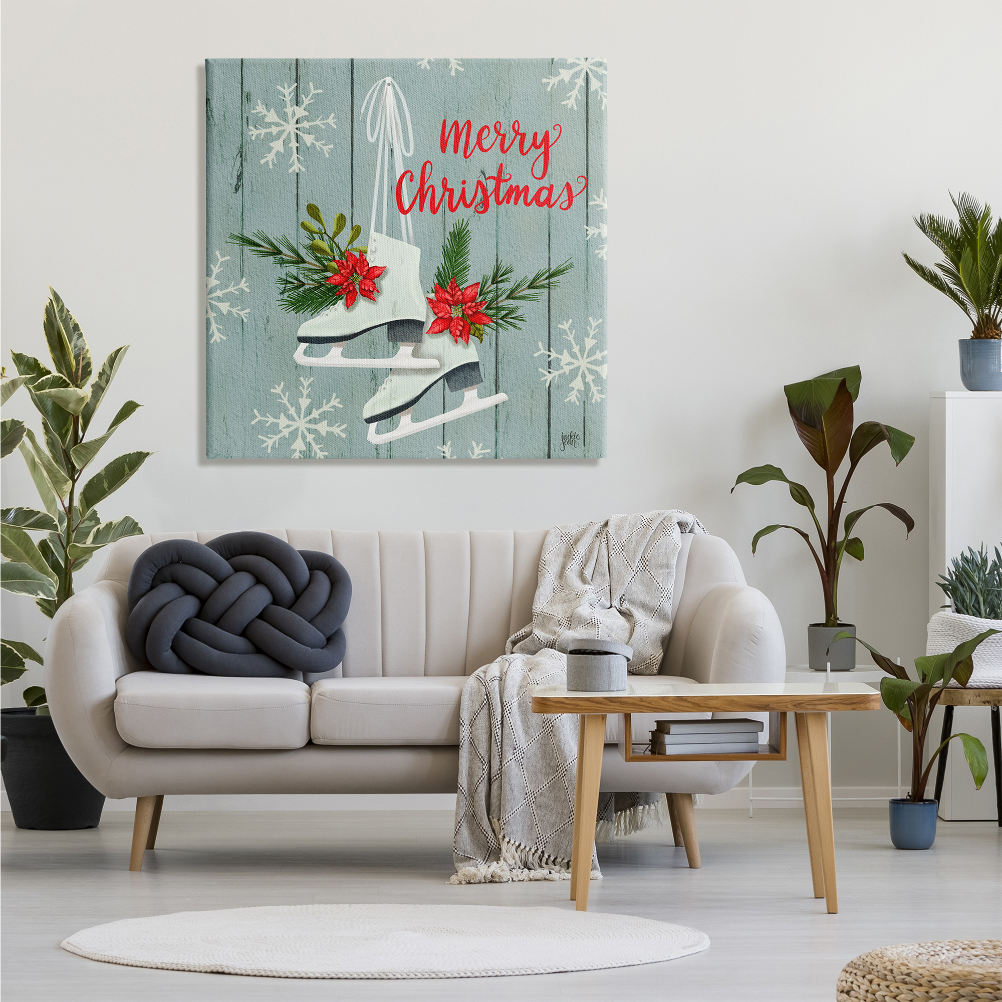 Stupell Industries Red Poinsettia Ice Skating Shoes Merry Christmas Sentiment, 36 x 36, Design by Jackie Quigley