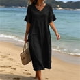 thumbnail image 2 of Admvng Womens Casual Dress Short Sleeve Pockets V Neck Flowy Summer Linen Dress, 2 of 9