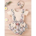 thumbnail image 3 of Seyurigaoka 3Pcs Baby Girls Summer Cute Sweet Romper Outfit, Solid Color Round Collar Fly Sleeve Jumpsuit + Floral Print Suspender Shorts + Headwear, 3 of 9