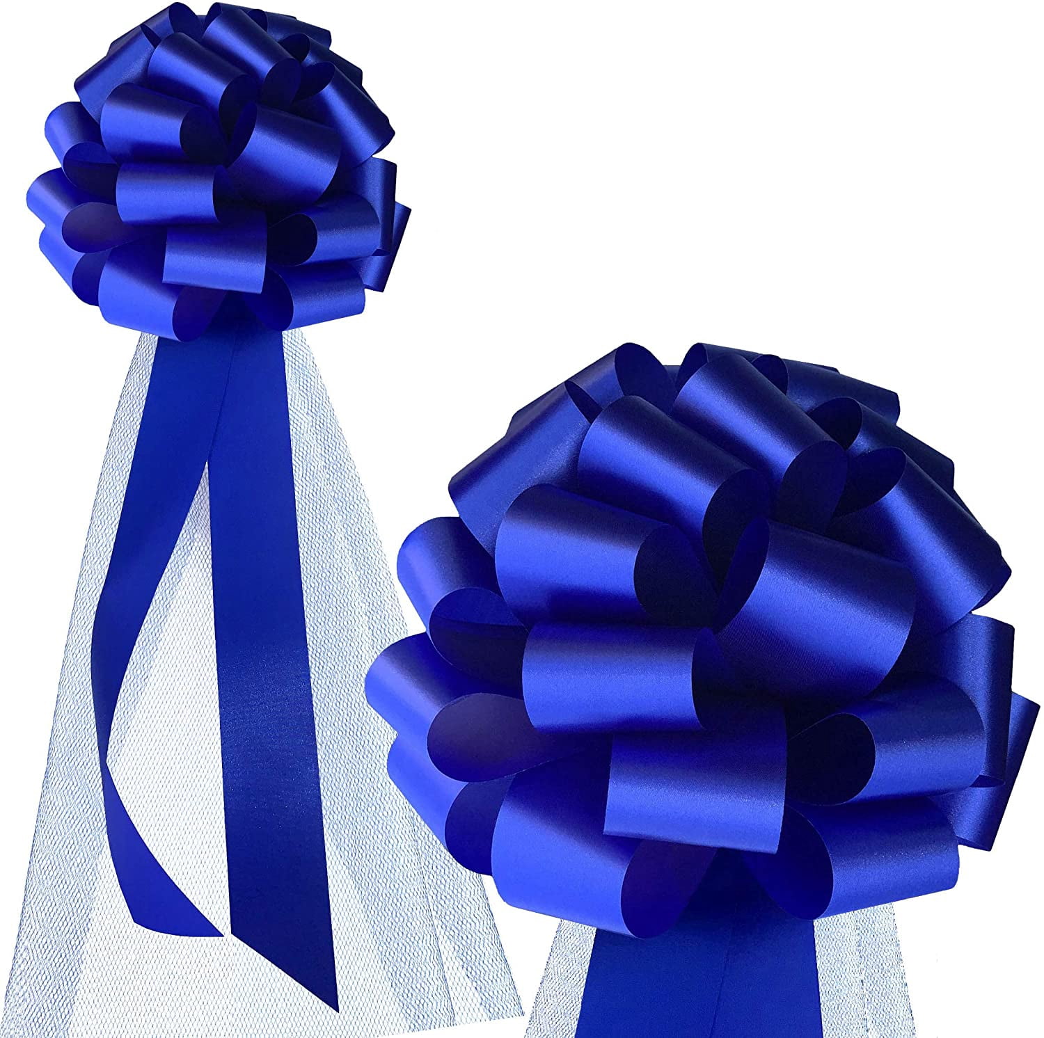 Large Royal Blue Wedding Pull Bows with Long Tulle Tails - 9" Wide, Set of 6, Memorial Day, 4th of July, Birthday, Wedding, Fundraiser, Christmas, President's Day