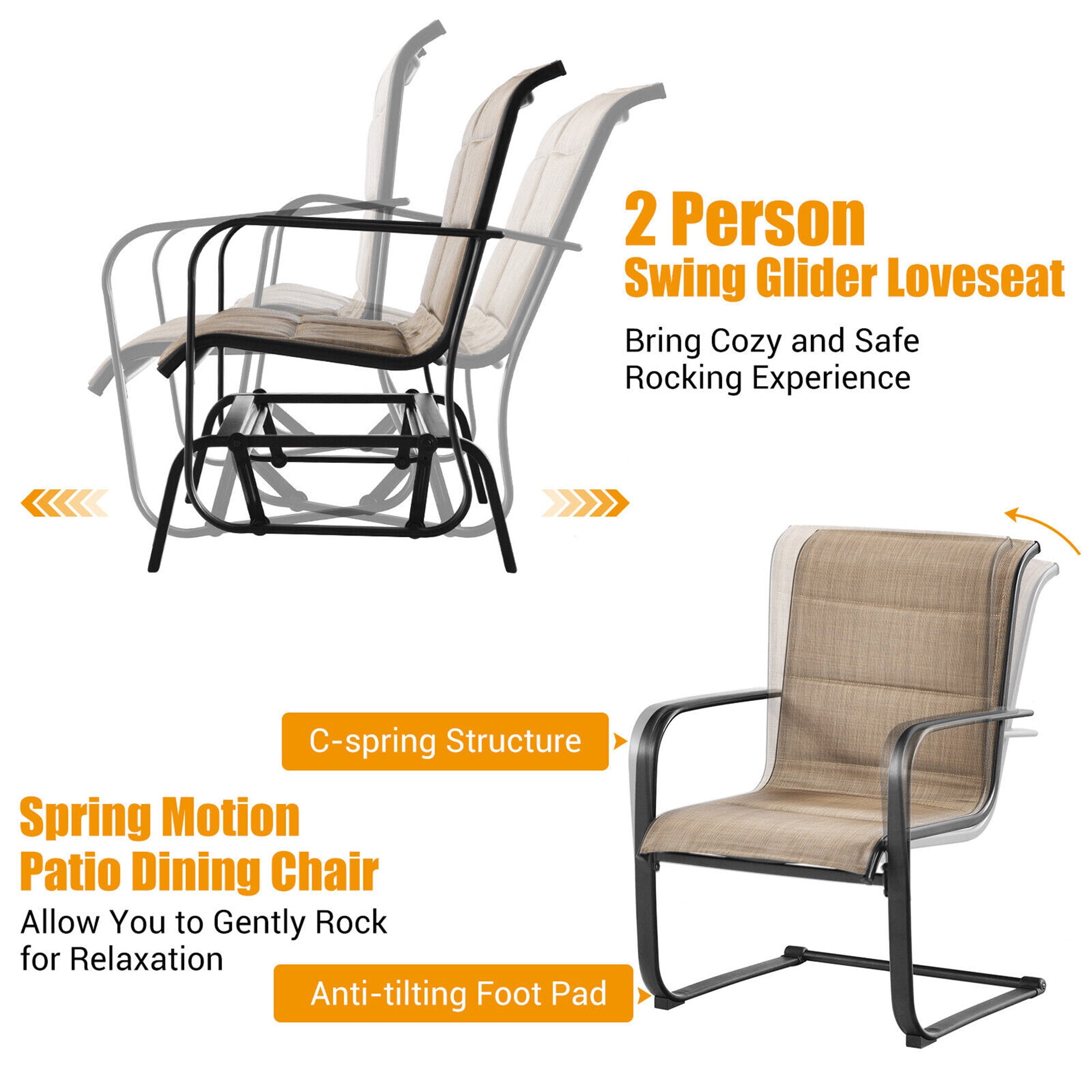Gymax Fashion 4PCS Patio Conversation Set Cotton Padded Furniture Set w/ Swing Glider Loveseat