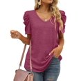 thumbnail image 2 of Womens Summer Shirt V Neck Casual Tshirts Puff Sleeve Tops for Women Solid Color XS-3XL Hort-Sleeved Top With Pleated Seams And V-Neck Design Red 2XL, 2 of 5