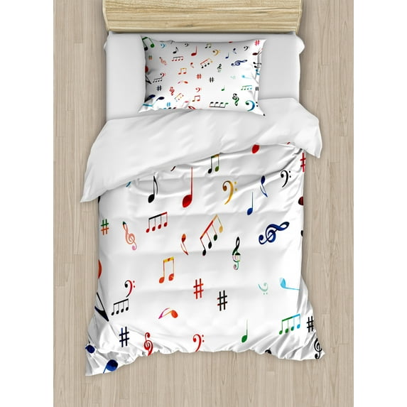 Colorful Duvet Cover Set Twin Size, Repetitive Pattern Musical Notes and Symbols Illustration on Plain Backdrop, Decorative 2 Piece Bedding Set with 1 Pillow Sham, White Multicolor, by Ambesonne