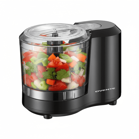 OVENTE 1.5-Cup Electric Food Chopper, 100W Food Processor with One-Touch Control and Stainless Steel Blade Ideal for Slicing Vegetable, Grinding, Shredding, Mincing, Puree and Meal Prep Black PF1515B