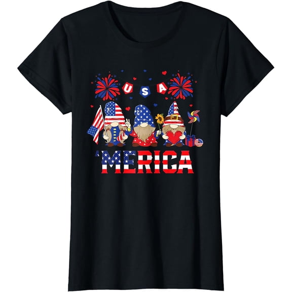 Men Women Patriotic 4th Of July Gnomes Funny Merica USA Flag T-Shirt