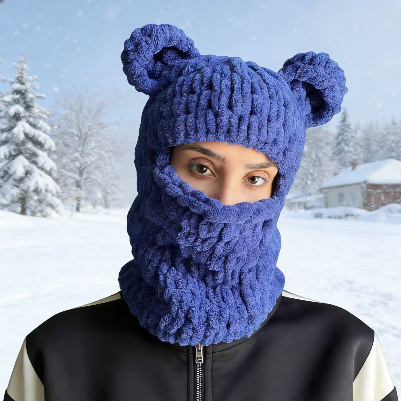 Y2K Knit Balaclava Face Mask, Bear Ear Winter Warm Hat for Women & Men - Knitted Skull Beanie Ski Scarf for Halloween & Cold Weather