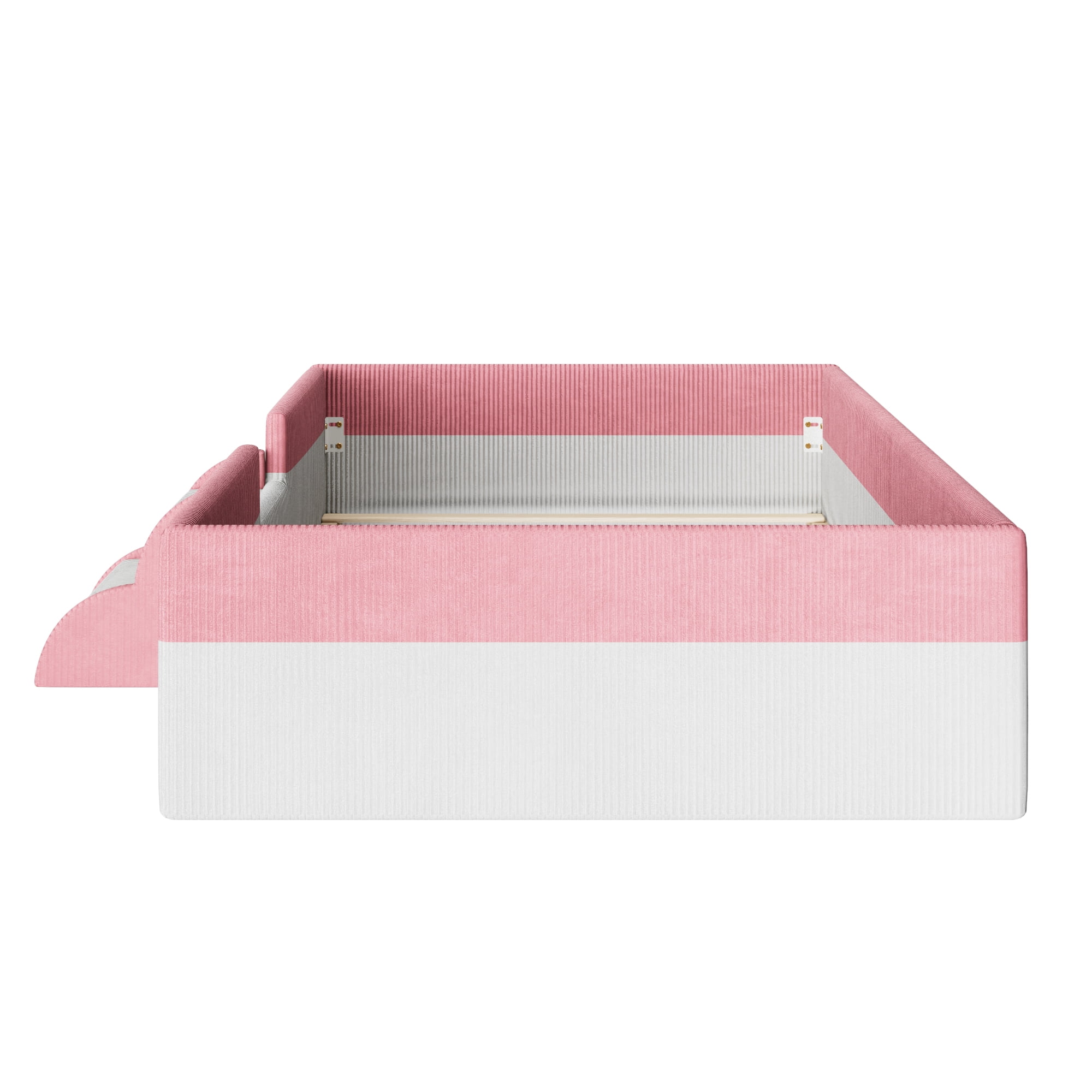 Howcool Twin Size Corduroy Upholstered Floor Bed with Fence and Smart LED Lights,2-Tier Steps Platform Bed Frame,Pink+White